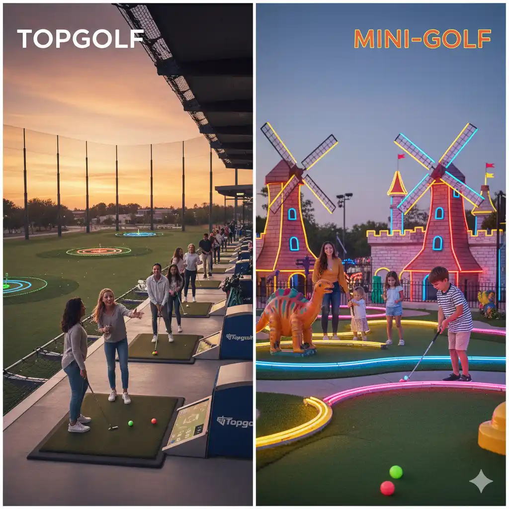 opgolf vs Mini-Golf entertainment comparison modern driving range vs classic family mini-golf course
