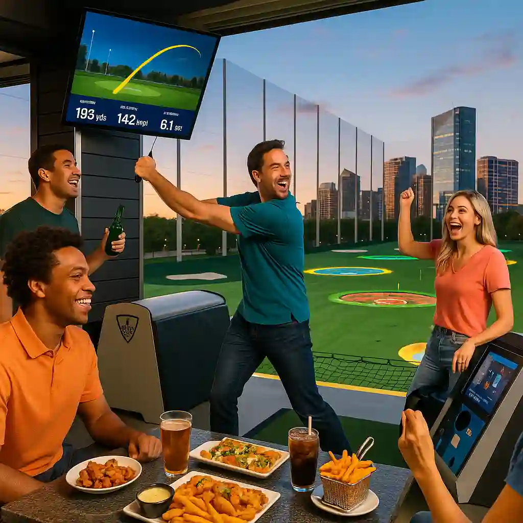 Players enjoying a high-tech Topgolf bay with digital shot tracking and food service