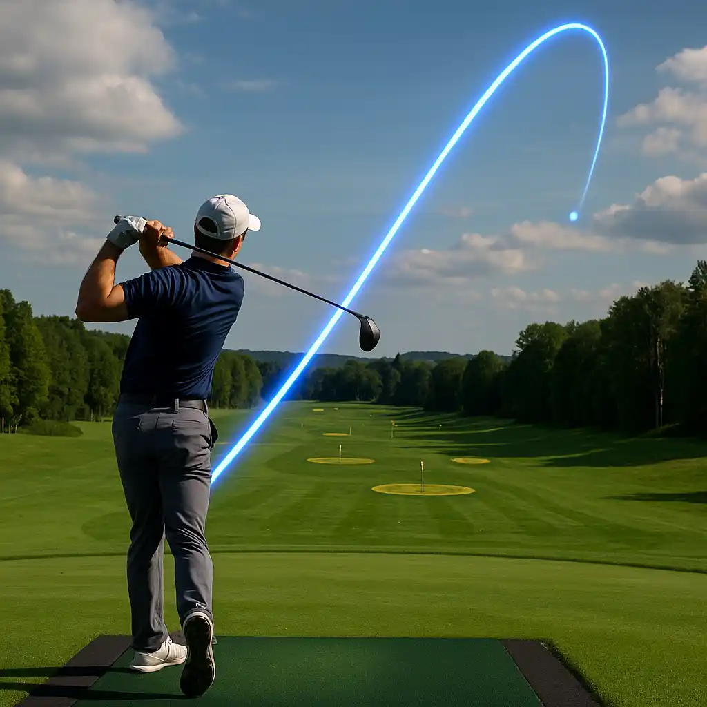 Golfer hitting a drive with a glowing tracer line showing ball trajectory using Toptracer technology